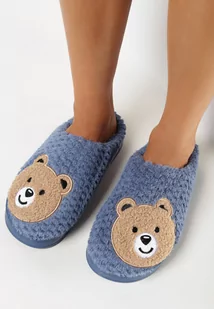 Granatowe Kapcie z Miękkiego Futerka Ozdobione Misiem Geraja - Kapcie damskie - miniaturka - grafika 1