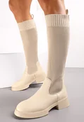Kozaki damskie - Beżowe Wsuwane Kozaki ze Skarpetkową Cholewką Przed Kolano na Grubej Podeszwie Miraple - Renee - miniaturka - grafika 1