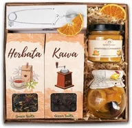 Zestawy upominkowe - Kosz prezentowy zestaw herbata, kawa, przetwory, zaparzacz - miniaturka - grafika 1