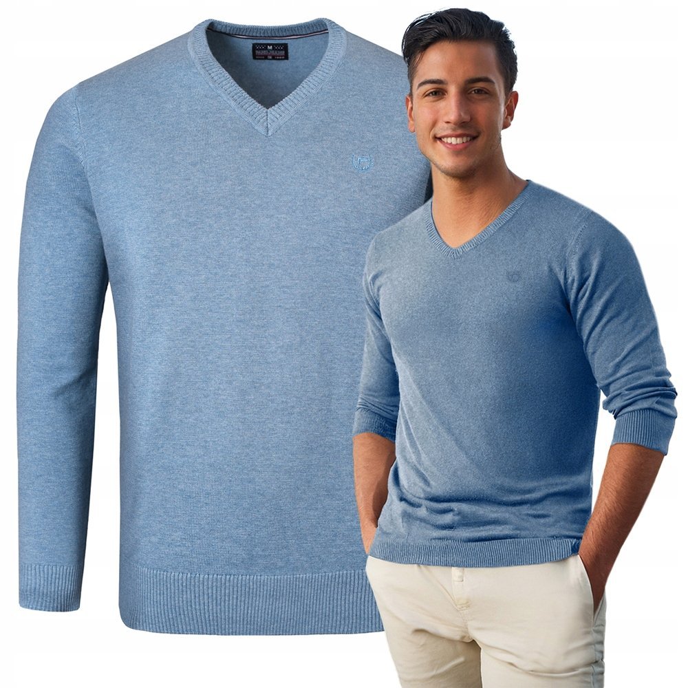 Elegancki SWETER Męski w Serek Bawełniany Gładki JEANSOWY XL Pako Jeans