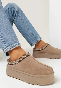 Ciemnobeżowe Śniegowce z Krótką Cholewką na Platformie z Ozdobną Lamówką Rivella - Śniegowce damskie - miniaturka - grafika 1