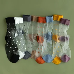 TEMU 5 par damskich letnich cienkich połowy nogawic z polką, oddychających kryształowych szklanych skarpetek z eleganckim, przezroczystym wzorem. - Inne - miniaturka - grafika 1