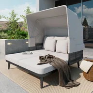 Meble ogrodowe - Zestaw mebli ogrodowych 2-osobowy ze stali ocynkowanej, leżak z regulowanym baldachimem, poduszki o grubości 10 cm, szary - miniaturka - grafika 1