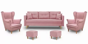 Komplet wypoczynkowy skandynawski do salonu sofa + 2 fotele z podnóżkami Różowy - Sofy i kanapy - miniaturka - grafika 1