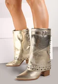 Kozaki damskie - Złote Kozaki Kowbojki na Słupku Ozdobione Klamrą Ćwiekami i Wywiniętą Cholewką Izavira - Renee - miniaturka - grafika 1