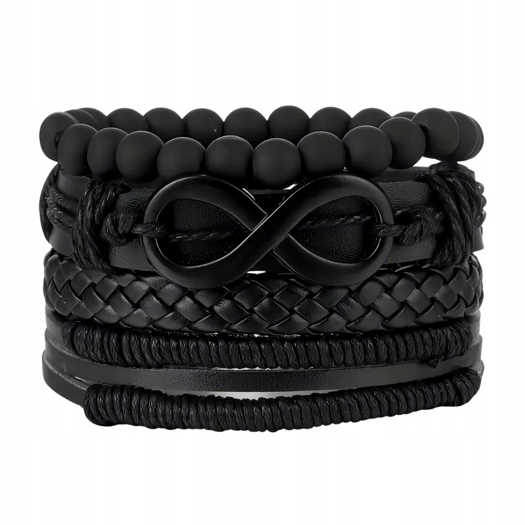 Zestaw 4 Czarnych Bransoletek Plecionych i Koralikowych z Nieskończonością