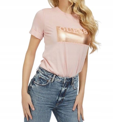 Guess T-Shirt Damski Błyszczący Ze Złotym Logo Różowy Wygodny S 0_4