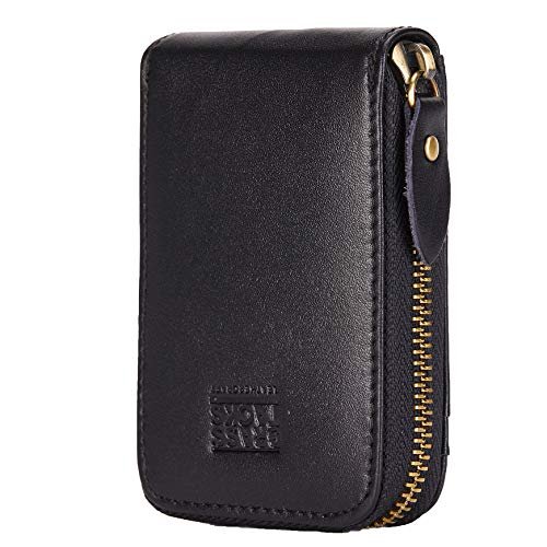 BRASS TACKS Leathercraft Ręcznie wykonany portfel z w stylu vintage, zamek błyskawiczny, z kieszenią z przodu na karty, na zamek błyskawiczny, dla mężczyzn i kobiet, z opakowaniem w pudełku, czarny-1, M, Vintage