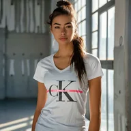 Koszulki i topy damskie - Koszulka Damska Calvin Klein, Biały T-shirt Dekolt V, Rozmiar Xs - miniaturka - grafika 1