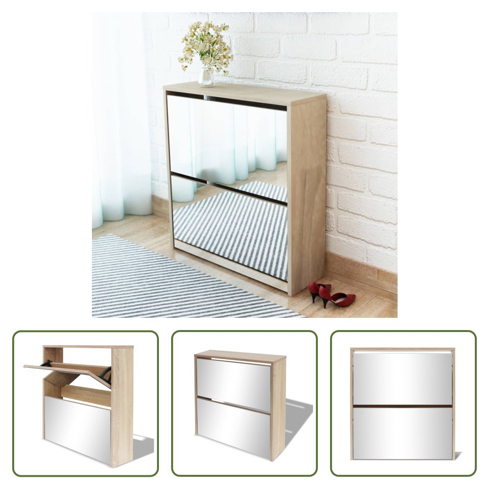 The Living Store Szafka na buty z 2 przegrodami lustro dąb 63x17x67 cm