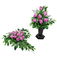 Sztuczne kwiaty - RÓŻE różowe SERCE (662.5) KOMPLET stroik + bukiet na cmentarz - miniaturka - grafika 1