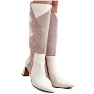 Kozaki damskie - Damskie Skórzane Kozaki Do Kolan Maciejka 05784-22 Jasnobeżowe beżowy - miniaturka - grafika 1