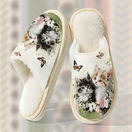 Kapcie damskie - TEMU Damskie i unisexowe, urocze wsuwane kapcie z kotkiem i kwiatami - miękkie, pluszowe buty domowe z motywem Tabby i nadrukiem, przytulna podeszwa - miniaturka - grafika 1