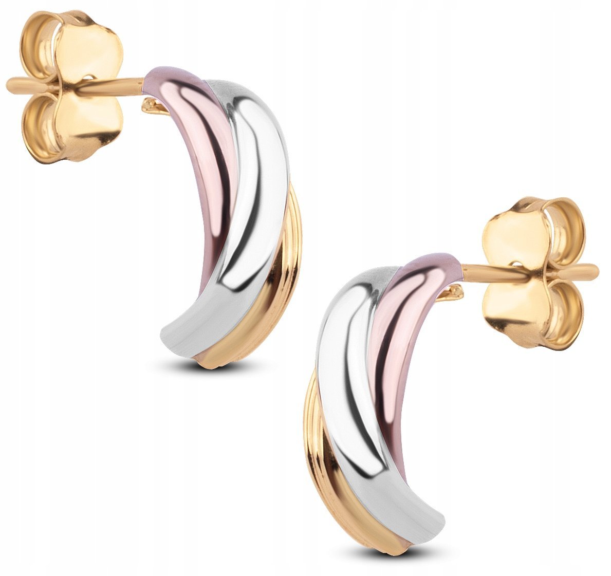 ZŁOTE KOLCZYKI NA SZTYFT TRZYKOLOROWE TRZY KOLORY ZŁOTA TRECCIA 14KT 585