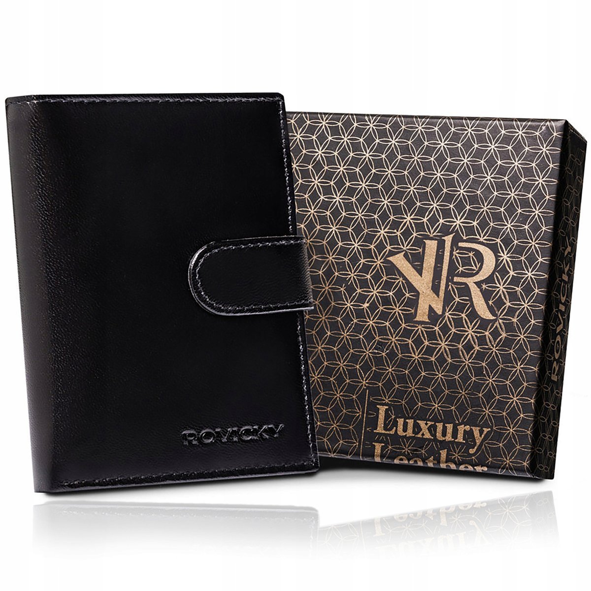 Portfel Męski Skórzany Czarny Rovicky Antykradzieżowy + Pudełko Prezentowe