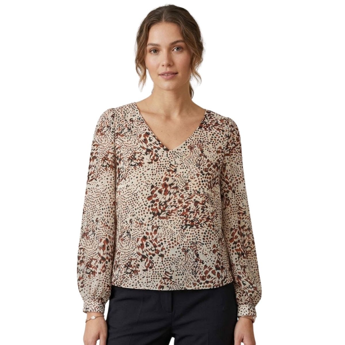 Bluzka damska Vila Sunara V-Neck prosta beżowa z printem-M