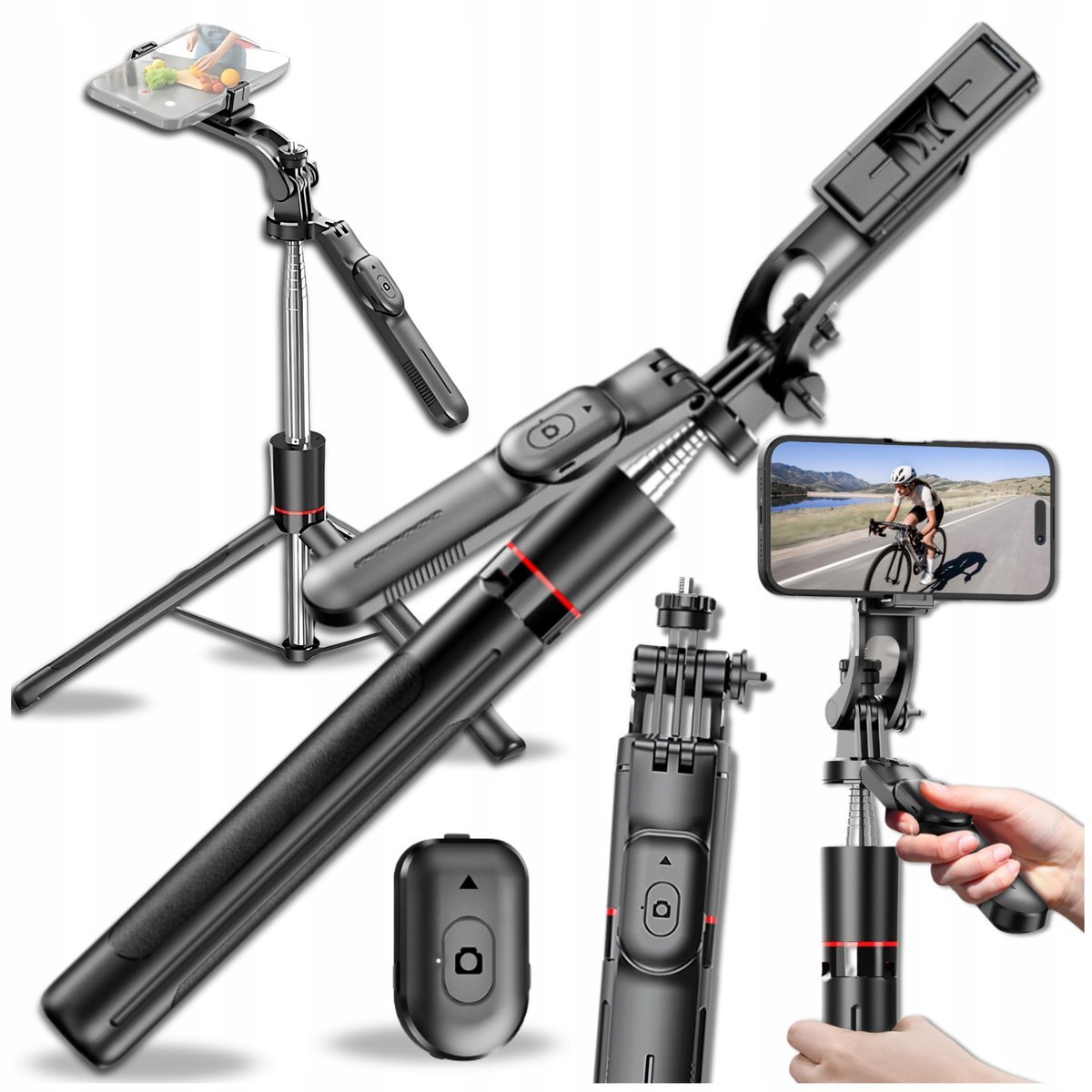 Statyw kijek do selfie z pilotem Bluetooth, obrotowy 360°, rozsuwany czarny