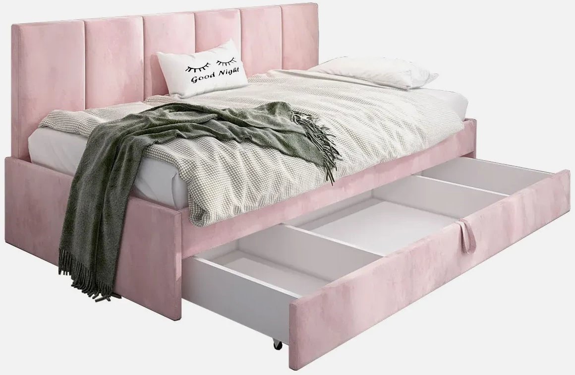 Łóżko młodzieżowe SORA 2 120x200 różowe z tapicerowanym panelem i szufladą MKPOL