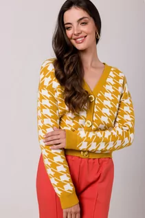Swetry damskie - BK104 Krótki kardigan we wzór pepitka - miodowy (kolor miodowy, rozmiar S/M) - grafika 1