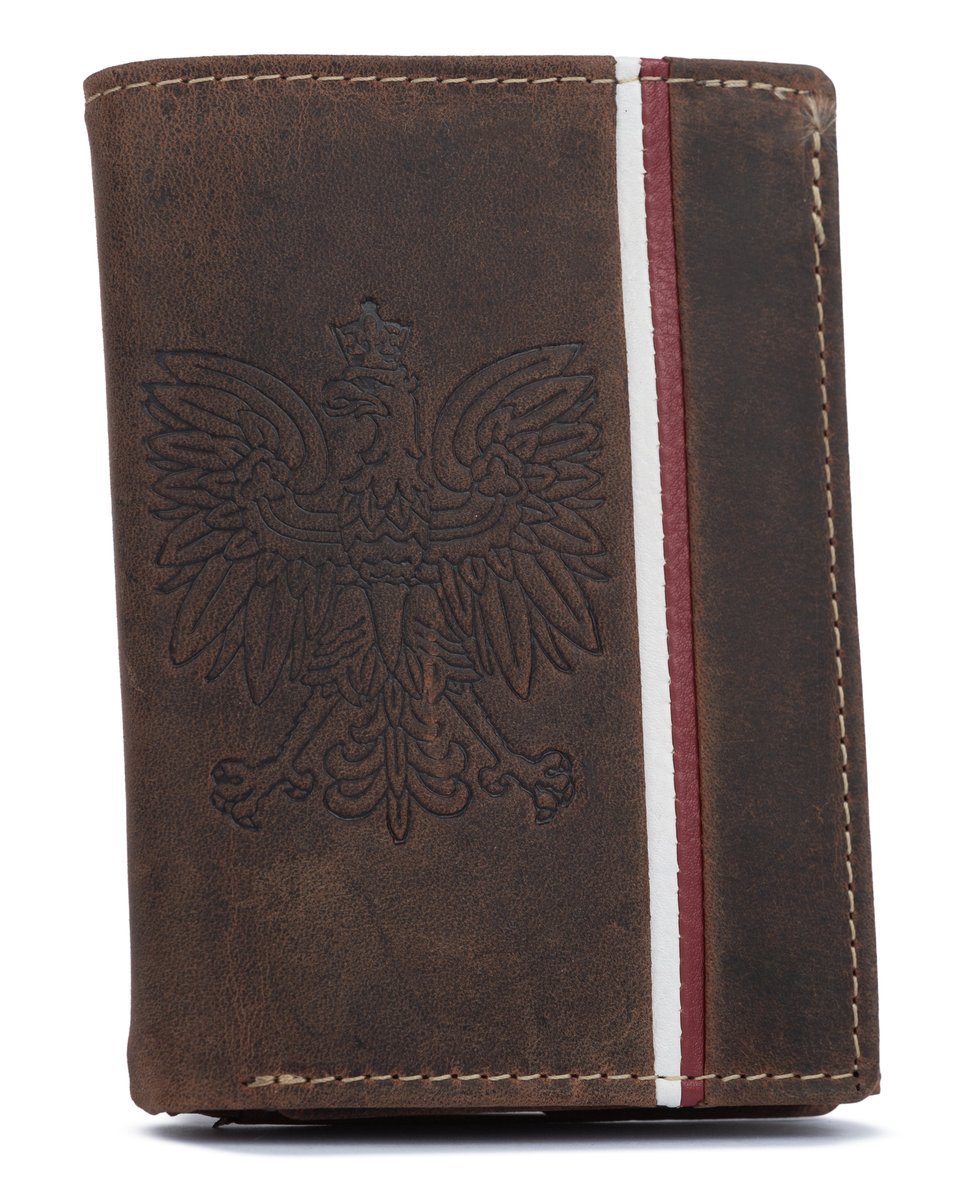 Portfel męski skórzany zamszowy portfel patriotyczny polski z flagą i godłem, ciemny brązowy