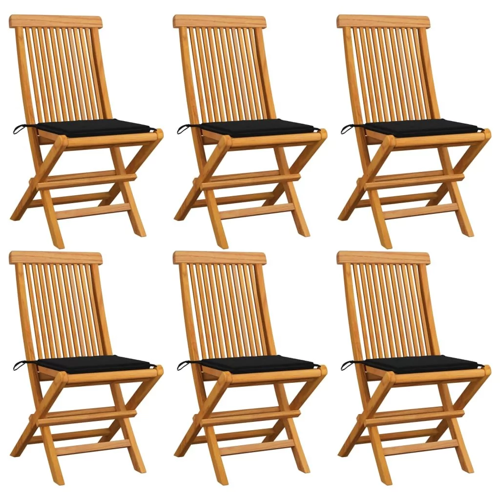 vidaXL Krzesła ogrodowe, czarne poduszki, 6 szt., drewno tekowe