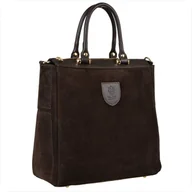 Torebki damskie - Elegancka skórzana torebka kuferek brąz czekolada zamsz - miniaturka - grafika 1