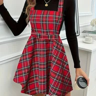 Sukienki - TEMU Elegancka Czerwona Sukienka w Kratę z Szelkami dla Kobiet, Modna i Temperamentna, Sukienka na Walentynki - miniaturka - grafika 1