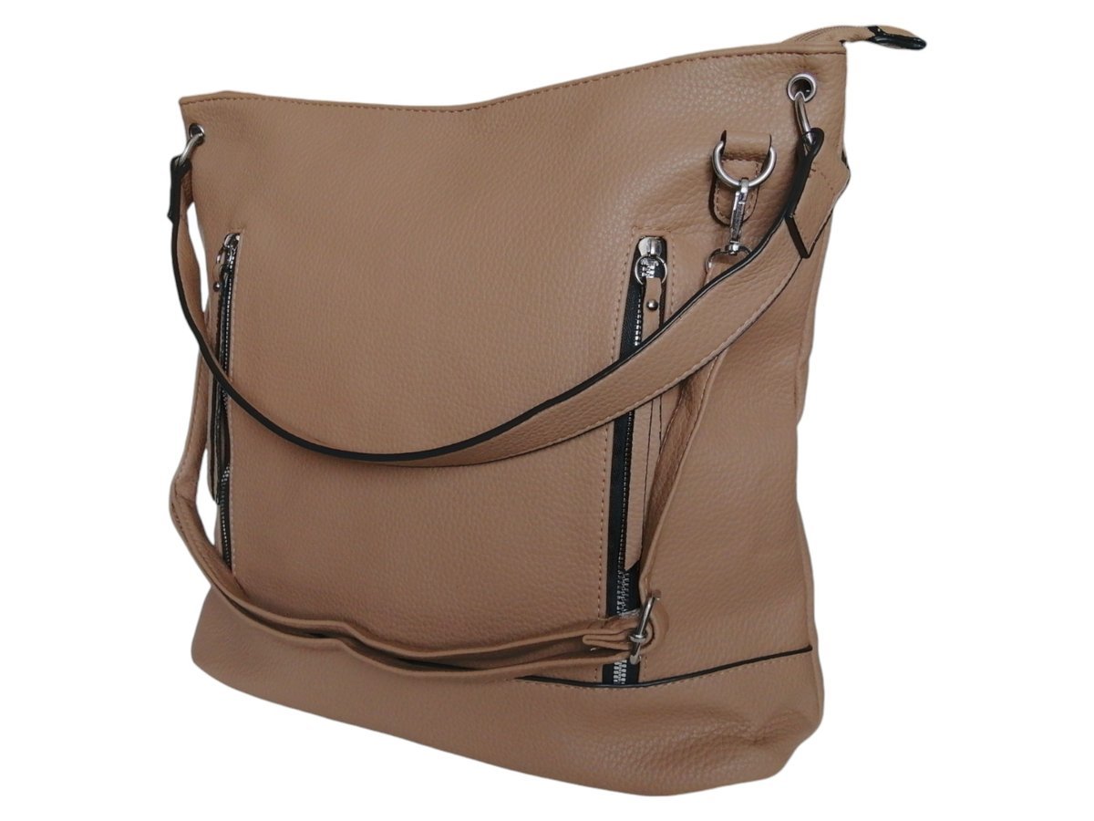 Duża Brązowa Torebka Shopperka Z Kieszeniami I Zamkiem, Modna Torba Shopper