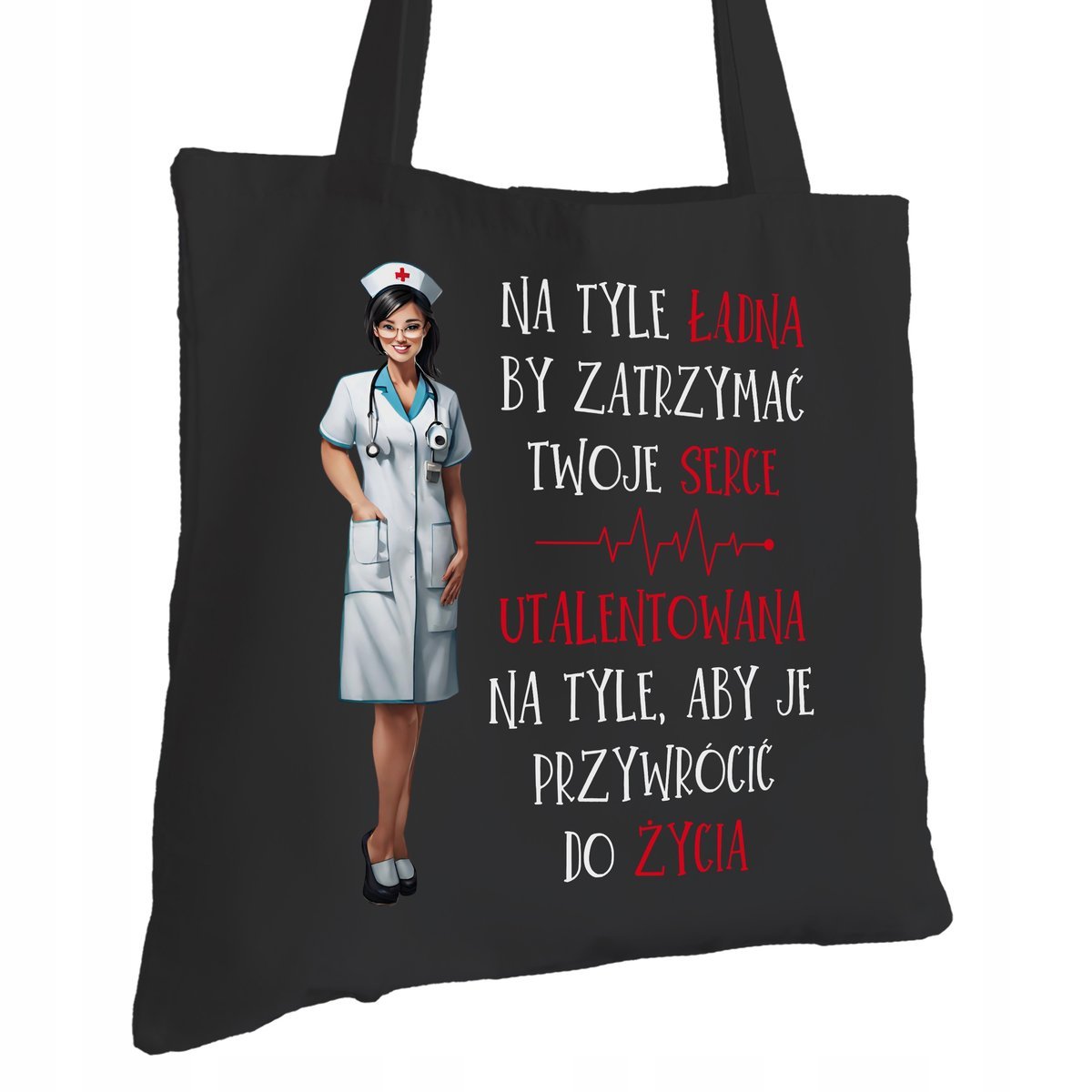 Torba Bawełniana dla Pielęgniarki Czarna Prezent ekologiczna Trwały Nadruk