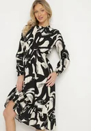 Sukienki - Czarna Rozkloszowana Sukienka z Bawełną w Abstrakcyjny Wzór Silsedi - miniaturka - grafika 1
