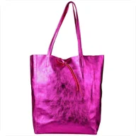 Torebki damskie - Torebka skórzana lekka shopper róż fuksja metaliczna - miniaturka - grafika 1
