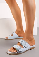 Klapki i japonki damskie - Niebieskie Klapki z Ekozamszu Ozdobione Klamrami z Cyrkoniami Teravia - miniaturka - grafika 1