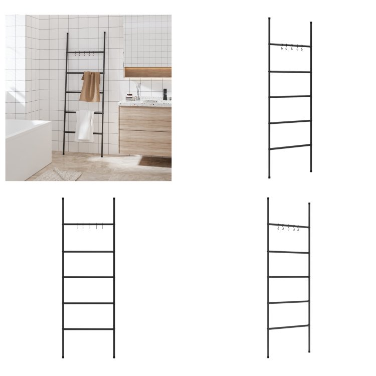 vidaXL Drabinkowy wieszak na ręczniki z 5 prętami czarny 58x175 cm żelazny - Wieszak na ręczniki - Wieszak na ręczniki - Wolnostojący wieszak na ręczniki