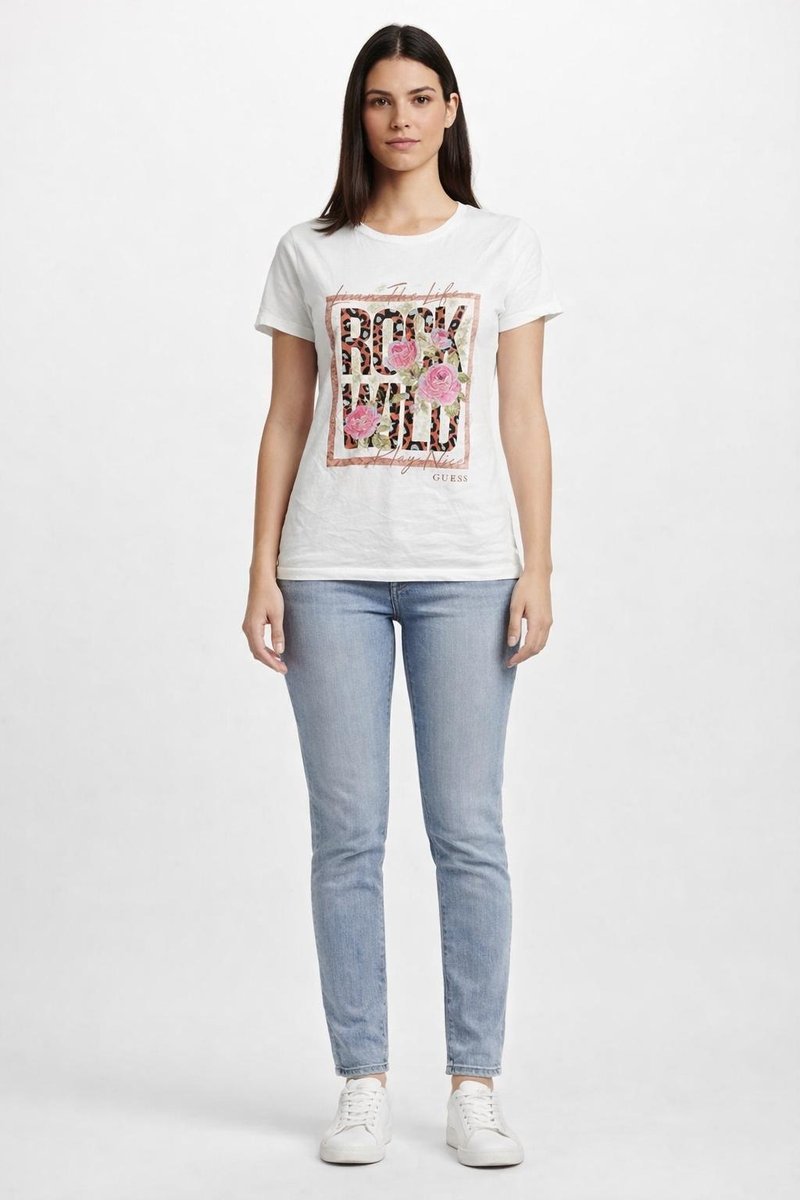 GUESS BIAŁY T SHIRT DAMSKI Z NADRUKIEM KWIATOWYM I NAPISEM S 12CA