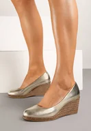 Półbuty damskie - Złote Czółenka Vices ze Skórzaną Wkładką na Plecionym Koturnie Serapne - miniaturka - grafika 1