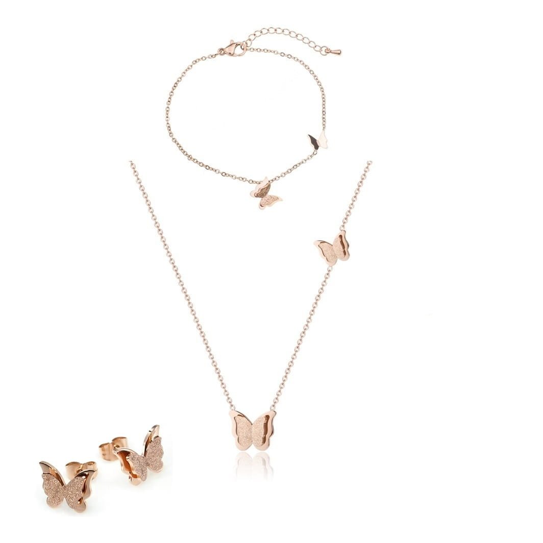 Komplet Złoty Stal Chirurgiczna Motyle Celebrytka Bransoletka Kolczyki Naszyjnik