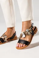Espadryle damskie - Czarne sandały skórzane damskie płaskie z kwiatami PRODUKT POLSKI Casu 2762-100-37 - miniaturka - grafika 1