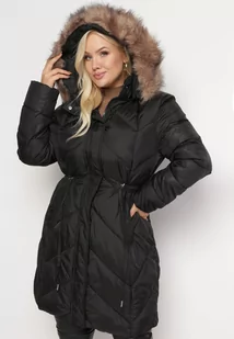 Czarna Pikowana Kurtka przed Kolano ze Ściągaczem i Kapturem z Futerkiem Lemeki - Kurtki damskie - miniaturka - grafika 1