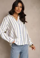 Koszule damskie - Biała Koszula Ozdobiona Printem w Paski z Bawełny i Wiskozy Hizea - miniaturka - grafika 1