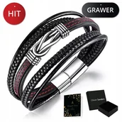 Bransolety męskie - Skórzana Bransoletka Męska Czarna Tytanowa Grawer - miniaturka - grafika 1