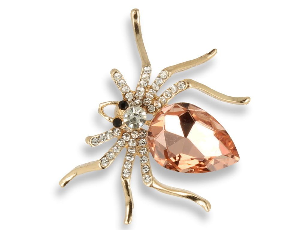 Broszka damska złoty pająk z brzoskwiniowym kamieniem i cyrkoniami