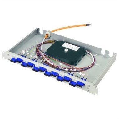 Telegaertner 19 FO-PP BAS-ECO 1U 12 SCD OM3 PT, z zamontowanymi adapterami i kolorowymi pigtailami