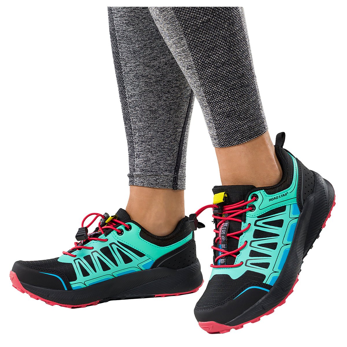 Czarne buty sportowe trekkingowe damskie na bieżnikowanej podeszwie z regulowaną elastyczną sznurówką pistacjowe wstawki Casu 2505-7W-38