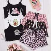 Inne - TEMU 3-częściowy damski uroczy różowy zestaw piżamowy z misiem i ustami awokado, top na ramiączkach i szorty, wzór kreskówkowy, poliester, cienkie - miniaturka - grafika 1