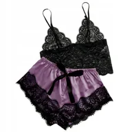 Komplety bielizny - SATYNOWY KOMPLET SEXY BIELIZNA PIŻAMA TOP KOSZULKA NOCNA KORONKA SPODENKI - miniaturka - grafika 1