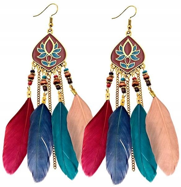 Wiszące Kolczyki długie piórka pióra Boho retro kolorowe z piórami damskie