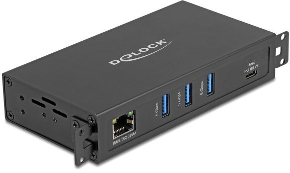 Karta sieciowa Delock 3 Port USB 5 Gbps Hub + RJ45 Gigabit LAN PoE++ Port złącze hosta USB Type-C™ w obudowie metalowej i 1,5 kV Isolation