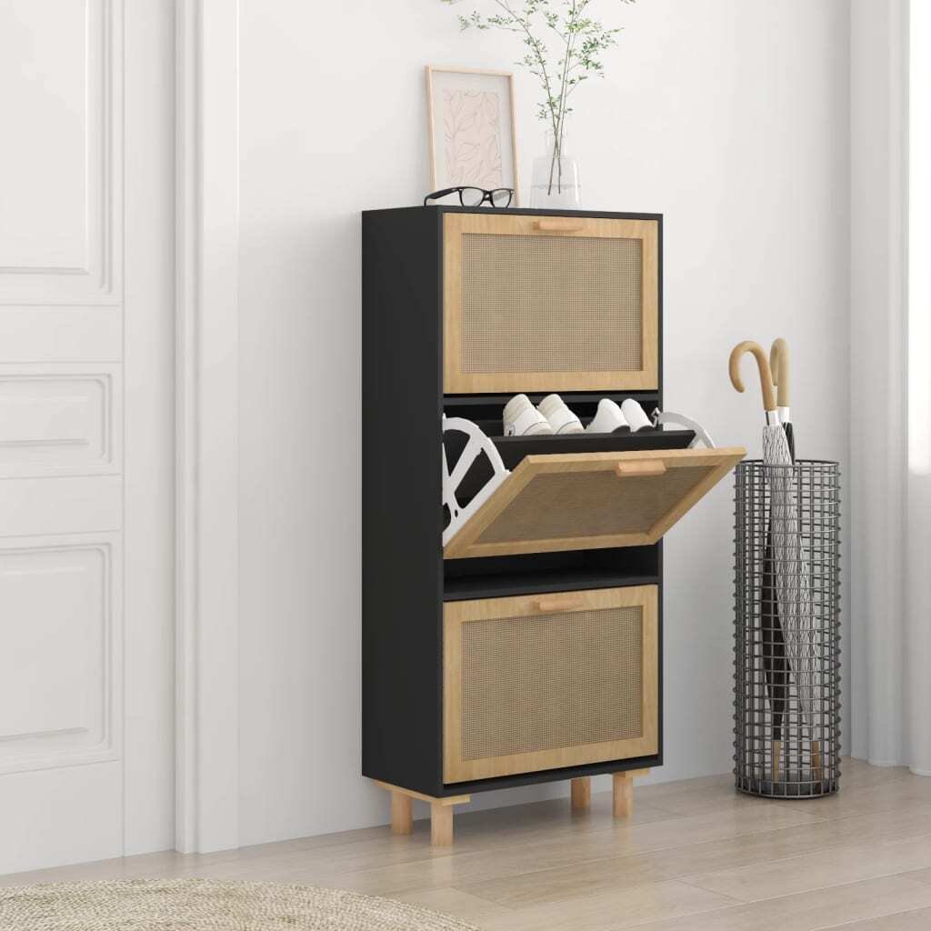 Szafka na buty czarna 52x25x115 cm materiał drewnopochodny i naturalny rattan