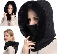 Czapki damskie - Kominiarka Damska Czapka Komin Z Futerkiem Ciepła Jednoczęściowa Na Zimę Czarna - miniaturka - grafika 1