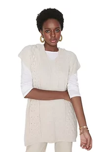 TRENDYOL Damska kamizelka z dekoltem w serek, jednokolorowa, regularna, dziergana bluza, beżowa, S, beżowy, S - Kamizelki damskie - miniaturka - grafika 1